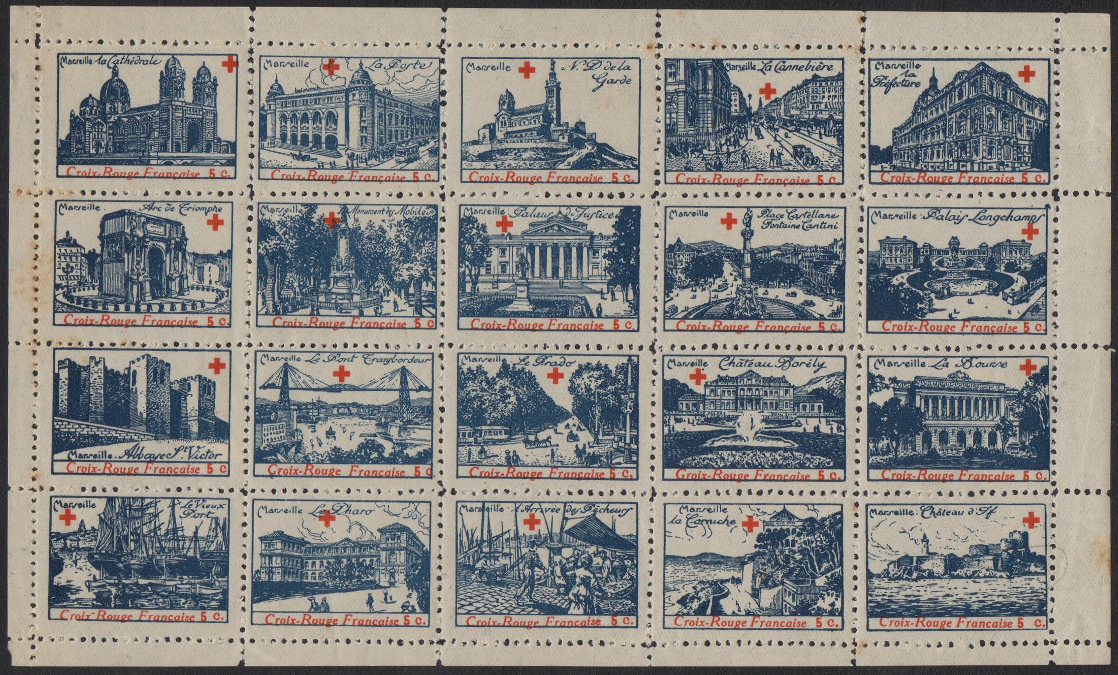France Marseille Croix Rouge Charity Labels Red Cross vignettes Sheet/20